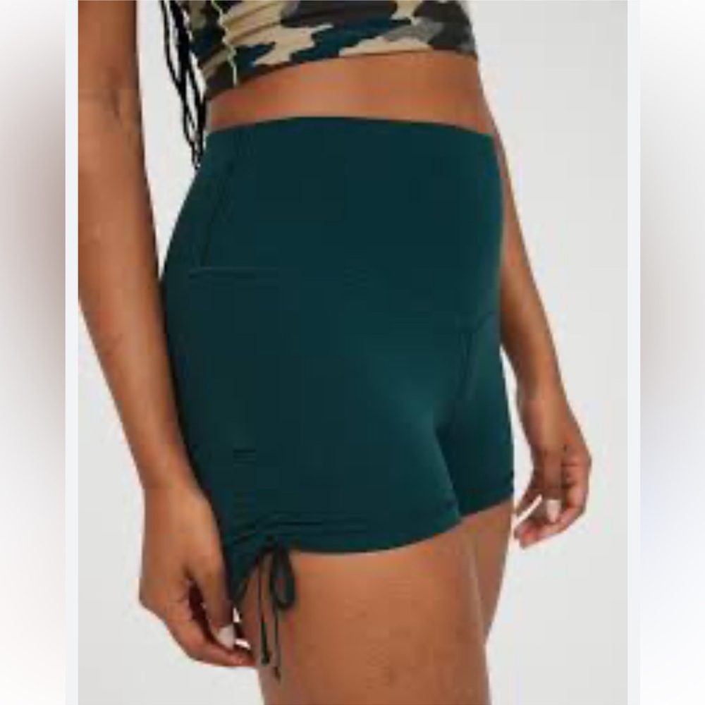 Aerie OFFLINE Real Me High-Waisted Ruched Tie Bike Shorts in Dark Teal size L